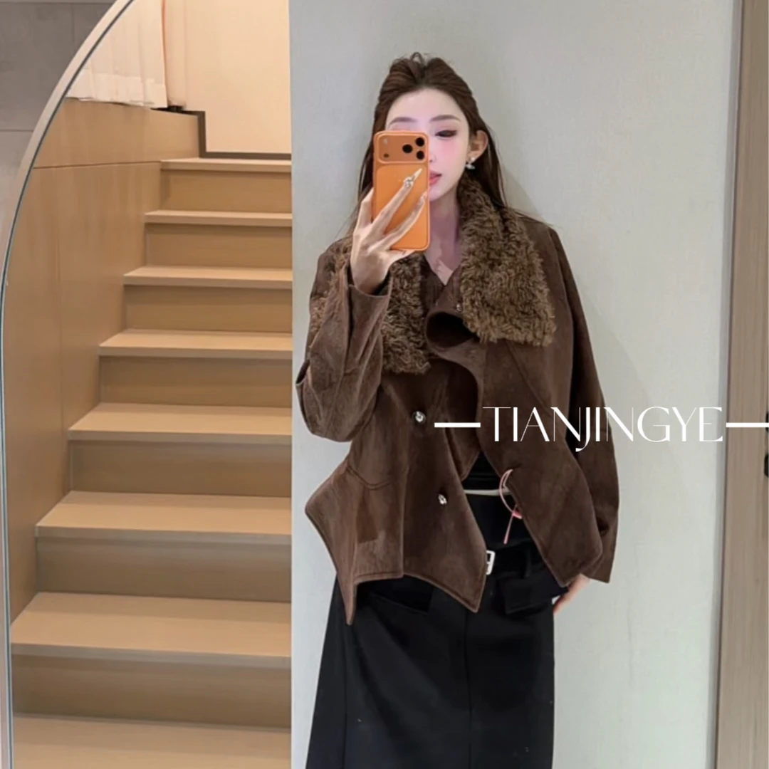JINGYE25~冬季新款花边领咖色毛毛外套