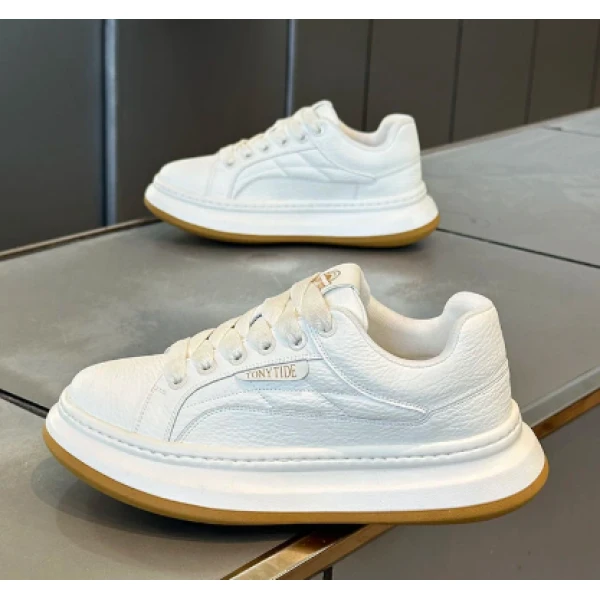 网红爆款厚底小白鞋男秋季新款透气皮面休闲鞋男简约轻便百搭板鞋