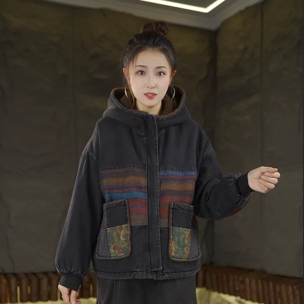 秋冬新款加绒加厚时尚复古连帽棉衣棉服拼色韩版牛仔外套2647-1