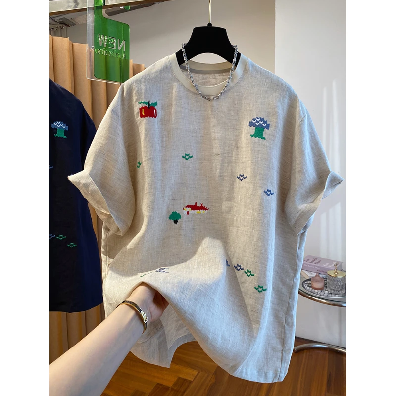 夏季2025新款高级感卡通刺绣t恤女短袖欧货宽松休闲显瘦圆领上衣