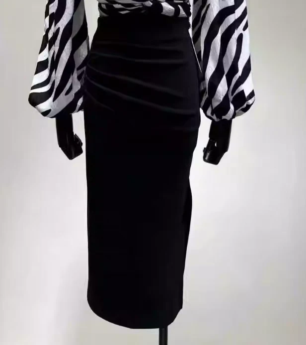 LUO705高腰半身裙轻熟风褶皱遮肚开叉性感女人味包臀裙(弹力)