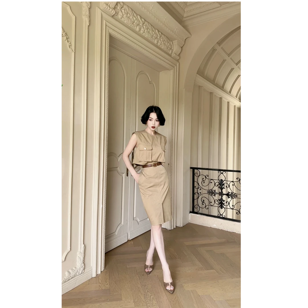 LYXJ【慢调里约】高级立体剪裁假两件连衣裙风衣料修身显瘦11976