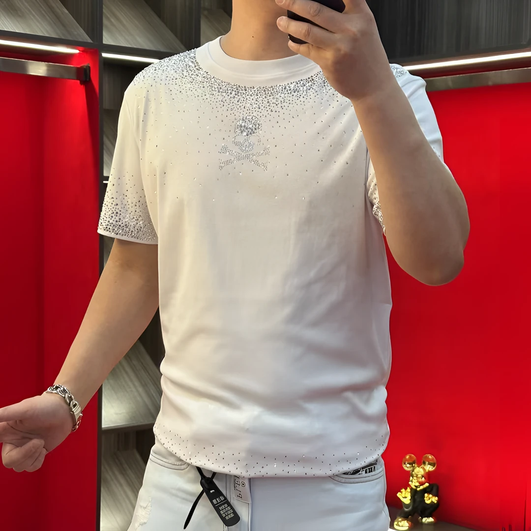 PP正品25新款轻奢潮流液氨针织棉重工骷髅头烫钻圆领T恤衫25018