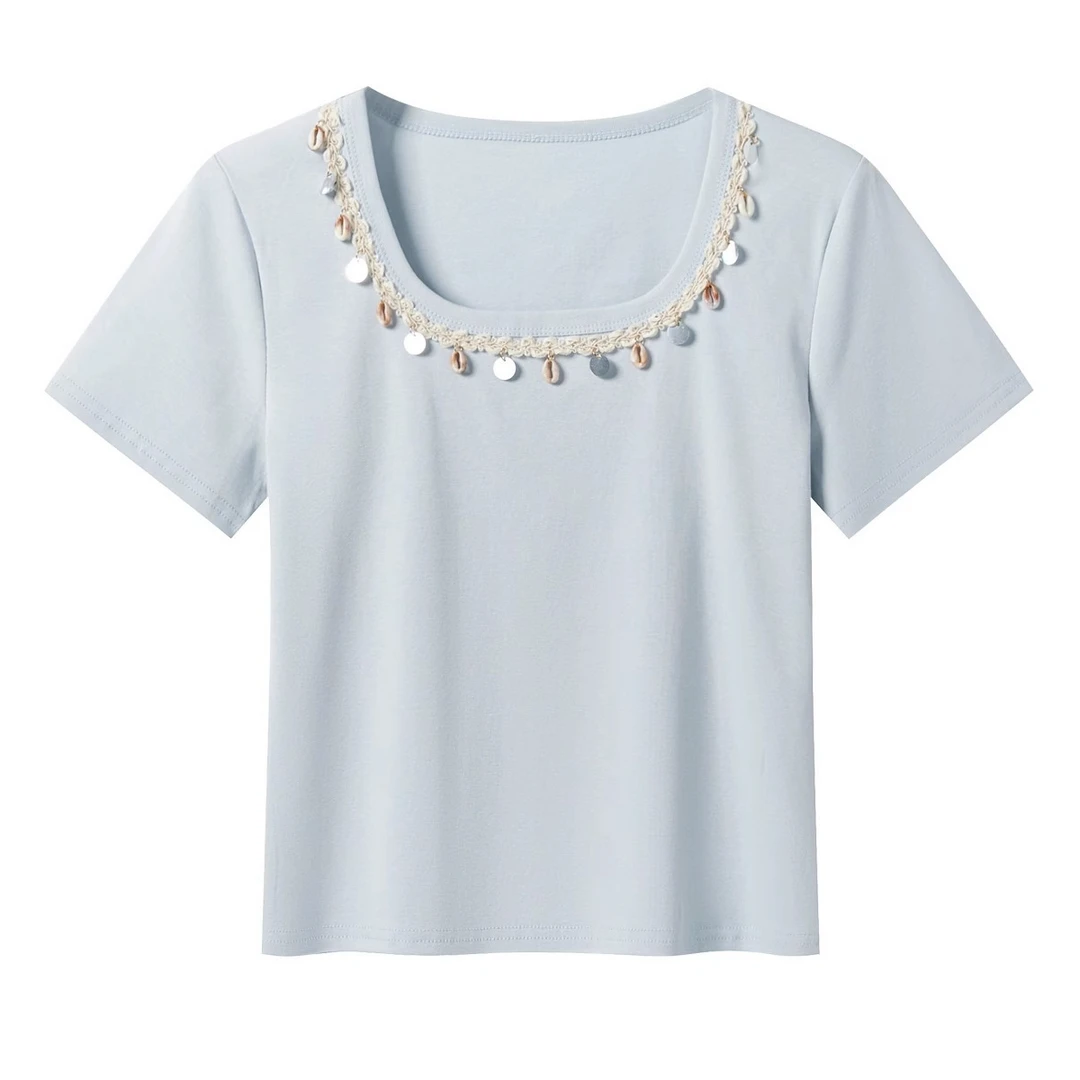 羊城故事-元气减龄套头纯色百搭挂件女装个性减龄纯色短袖T恤1962