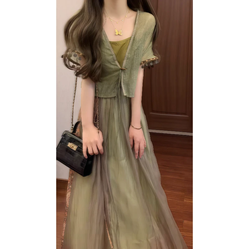 改良汉元素国风上衣搭配吊带日常少女民族风半身裙三件套装9256