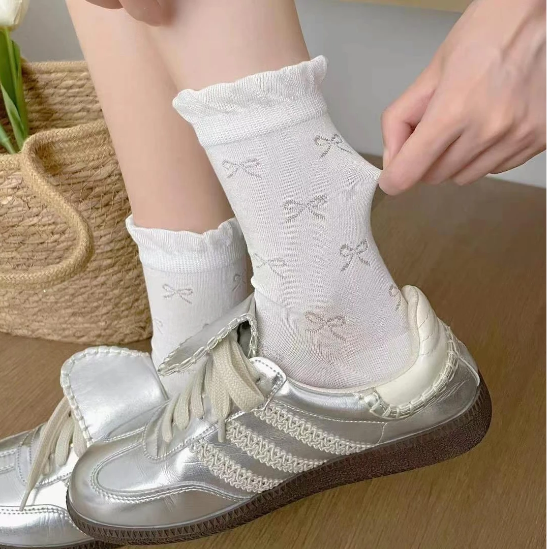 春【无骨袜】夏女袜子薄款中筒袜白色蝴蝶结堆堆袜miu风长袜花边袜