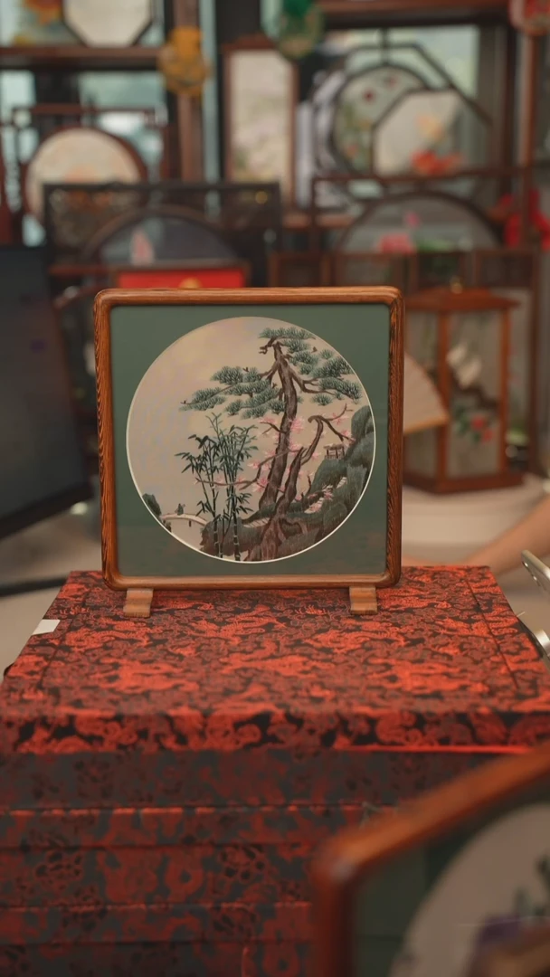 扇子苏绣双面绣四方台屏红木框大号20CM