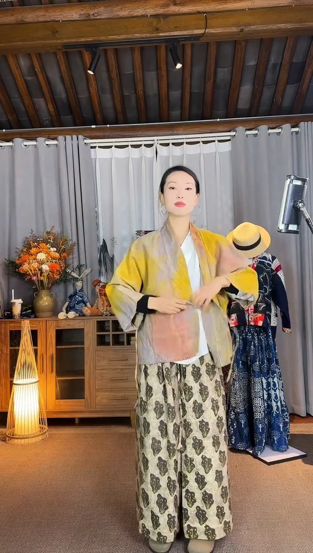 【闪购商品】设计师款花果染斜襟绑带外套