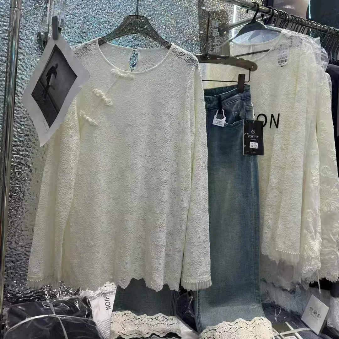 潮牌蕾丝打底衫欧货新款盘扣春季宽松套头衫