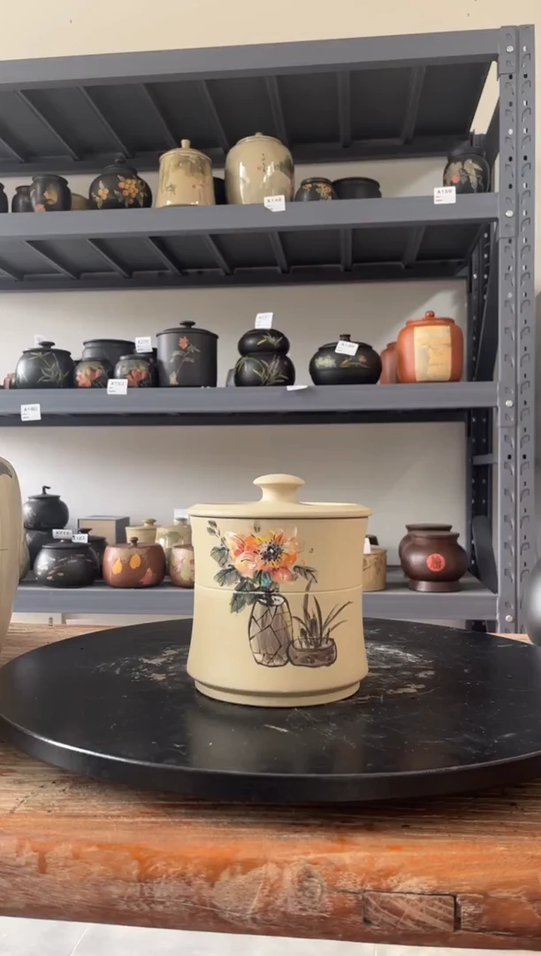 建水紫陶白泥彩绘精品茶罐
