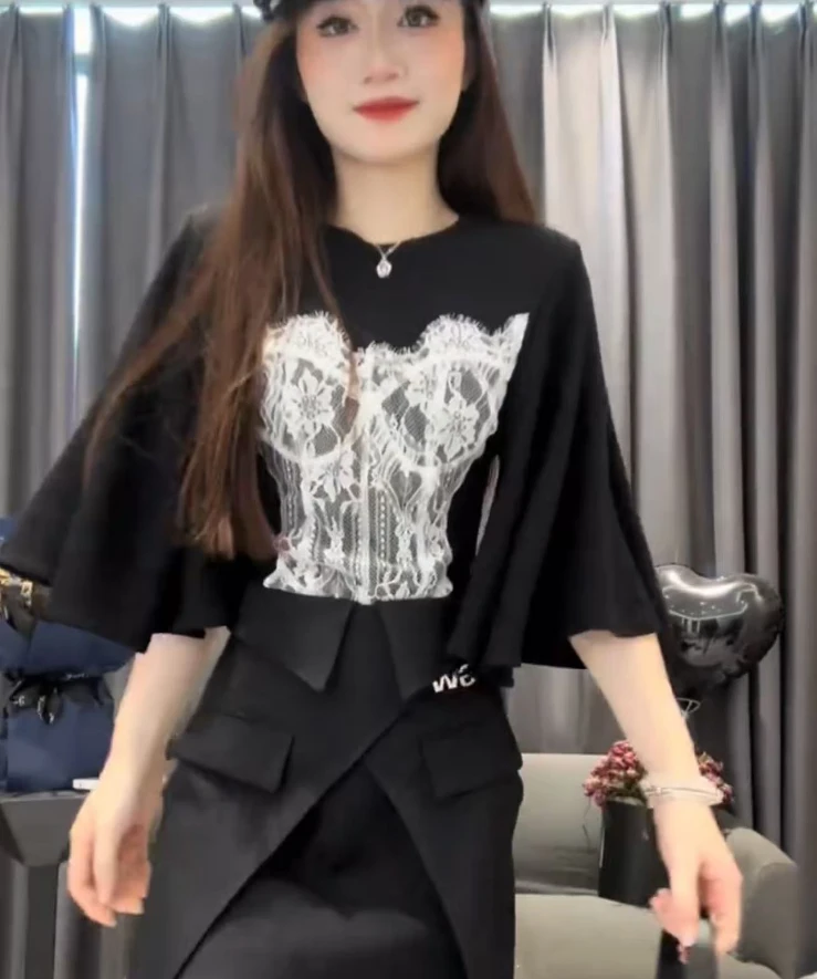 猫猫定制--[T001F]法式复古蕾丝拼接气质感修身显瘦圆领百搭T恤潮