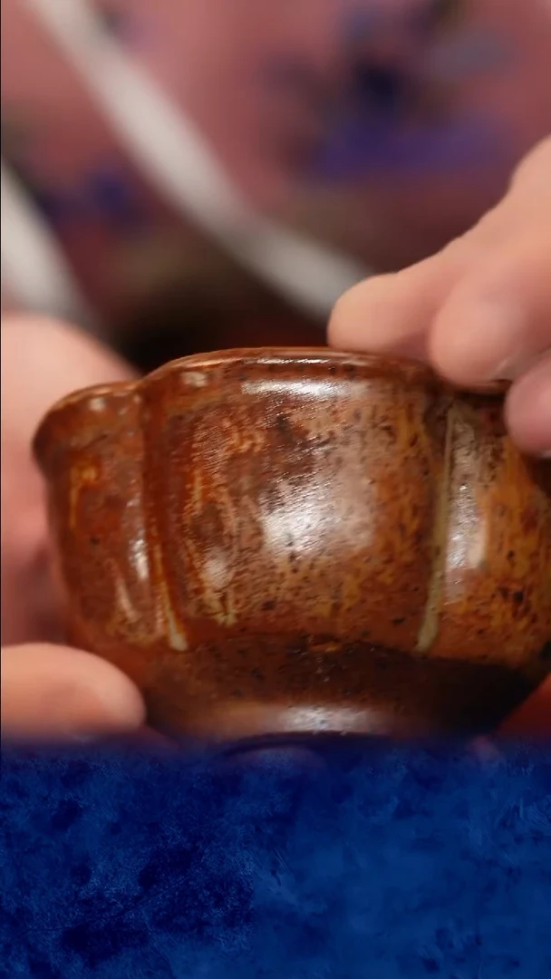 紫砂 宜兴紫砂 柴烧 筋纹花口杯