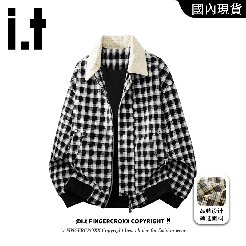i.t FINGERCROXX秋季新款男士潮流格子夹克翻领宽松时尚百搭外套