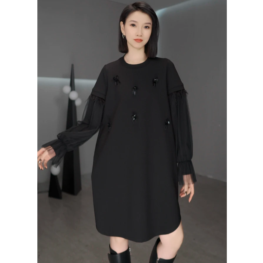 鑫鑫原创2025春季新款拼接黑色卫衣裙时尚洋气显瘦长袖连衣裙1985