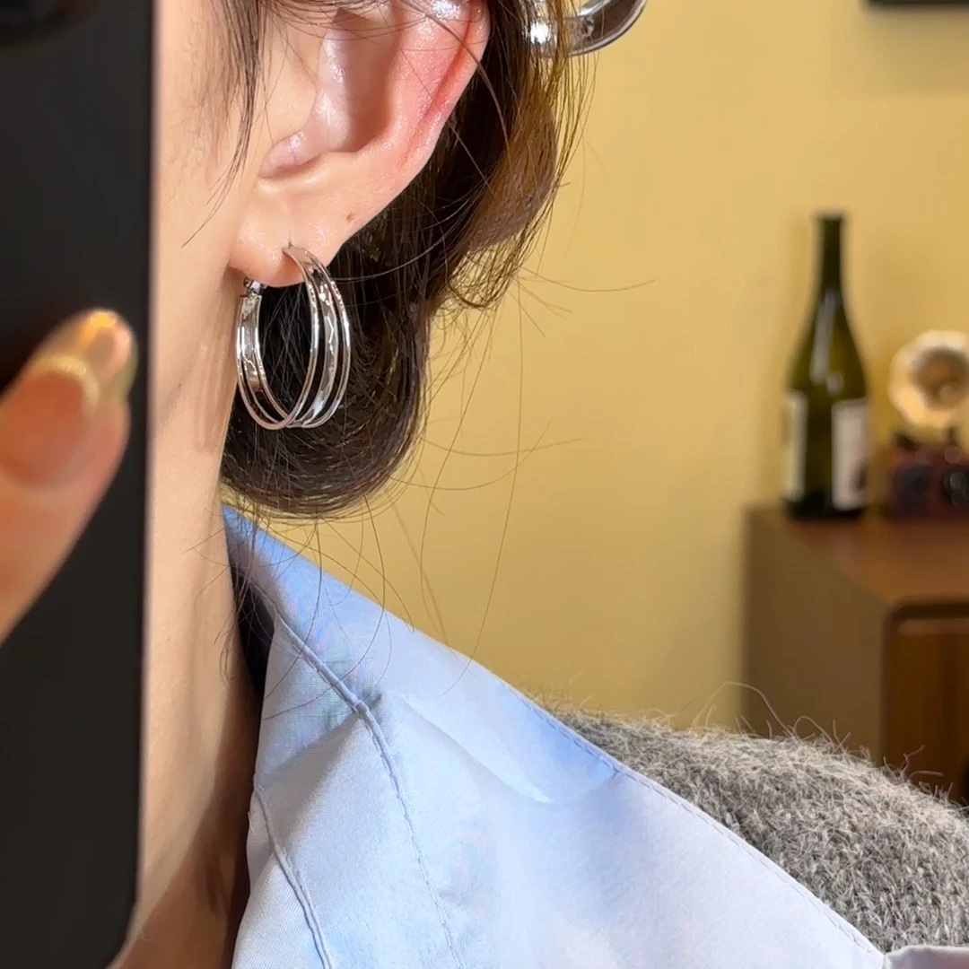 H587 银色素圈三层耳环小众简约圈圈