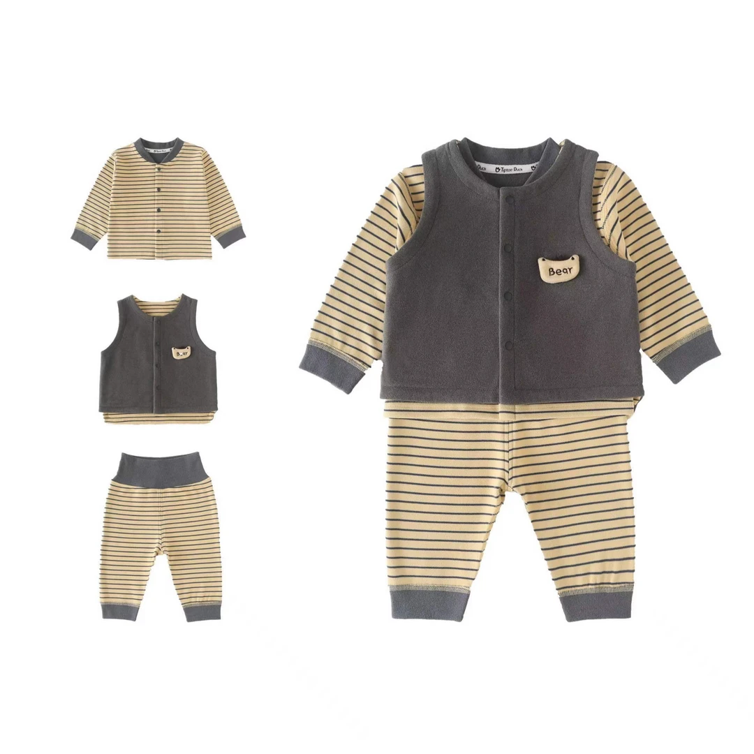 婴幼儿秋冬款德绒保暖套装男女宝宝加厚外穿马甲分体三件套外出服