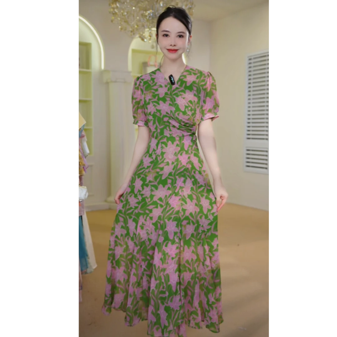 2025夏季新款V领碎花气质法式高端过膝连衣裙J5260