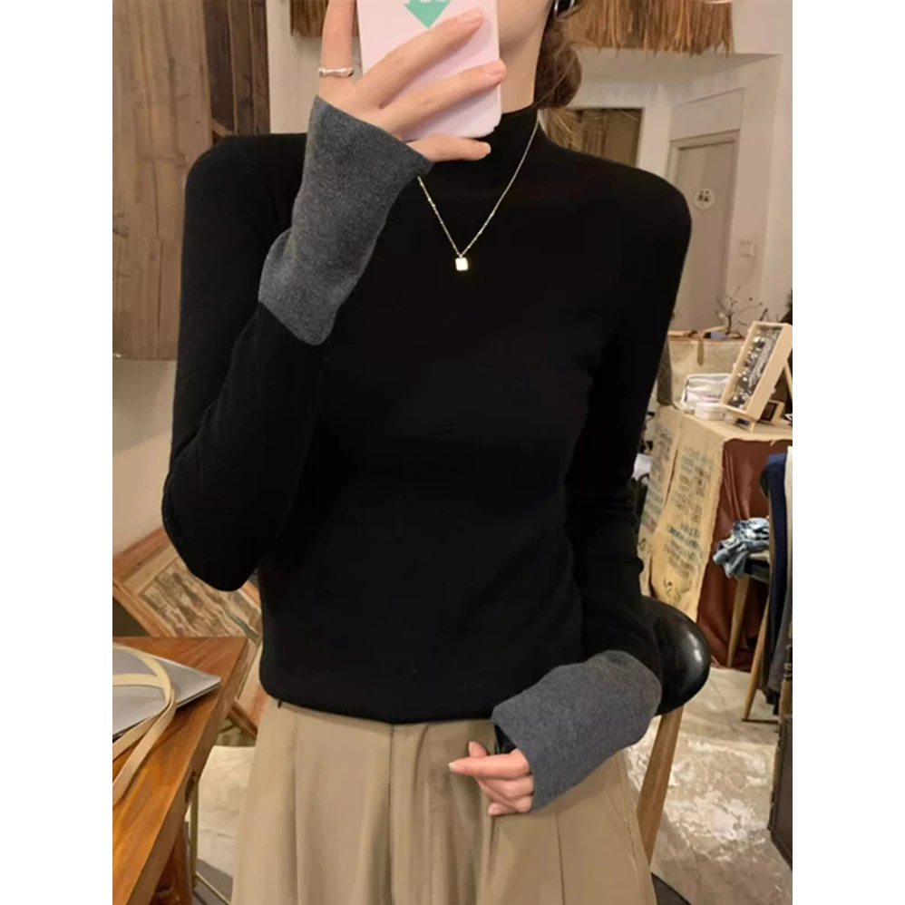 半高领撞色长袖针织衫女秋冬独特别致修身毛衣内搭黑色打底衫上衣