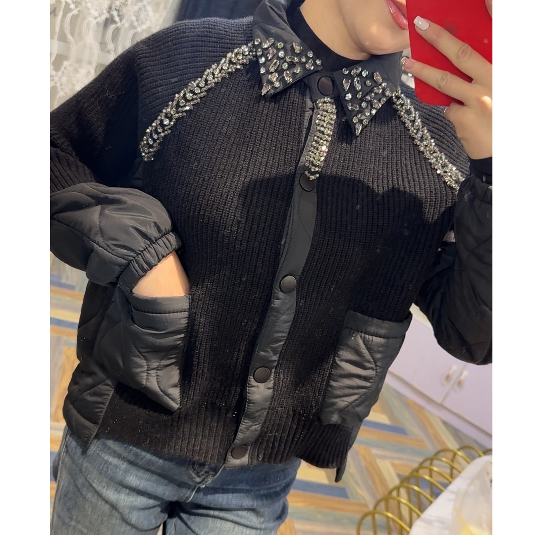 黑色针织拼接棉服女短款保暖外套时尚潮流秋冬上衣