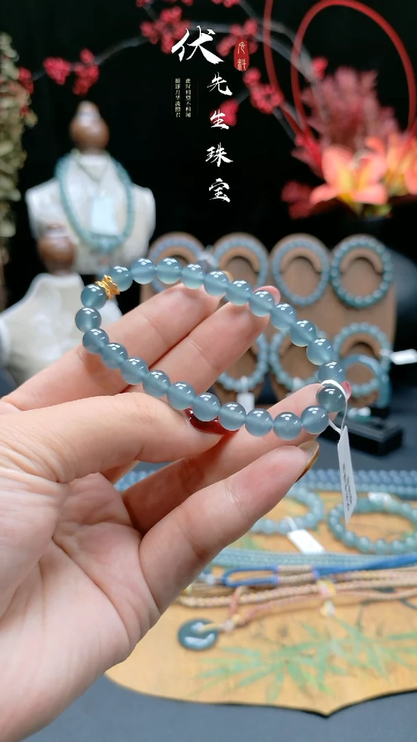 未镶嵌手串翡翠8mm冰种天空蓝手串
