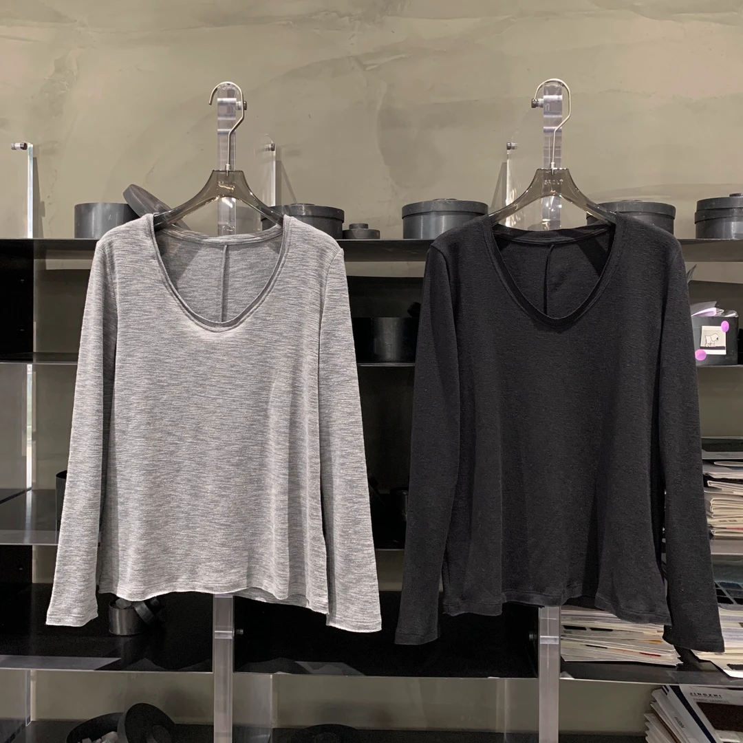 卷边V领加绒竹节棉长袖T恤 T8143