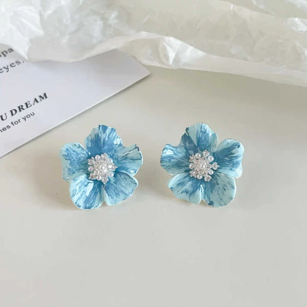 铁合金耳饰 小众百搭花朵耳钉新款爆款蓝色气质ins精致耳环耳饰女