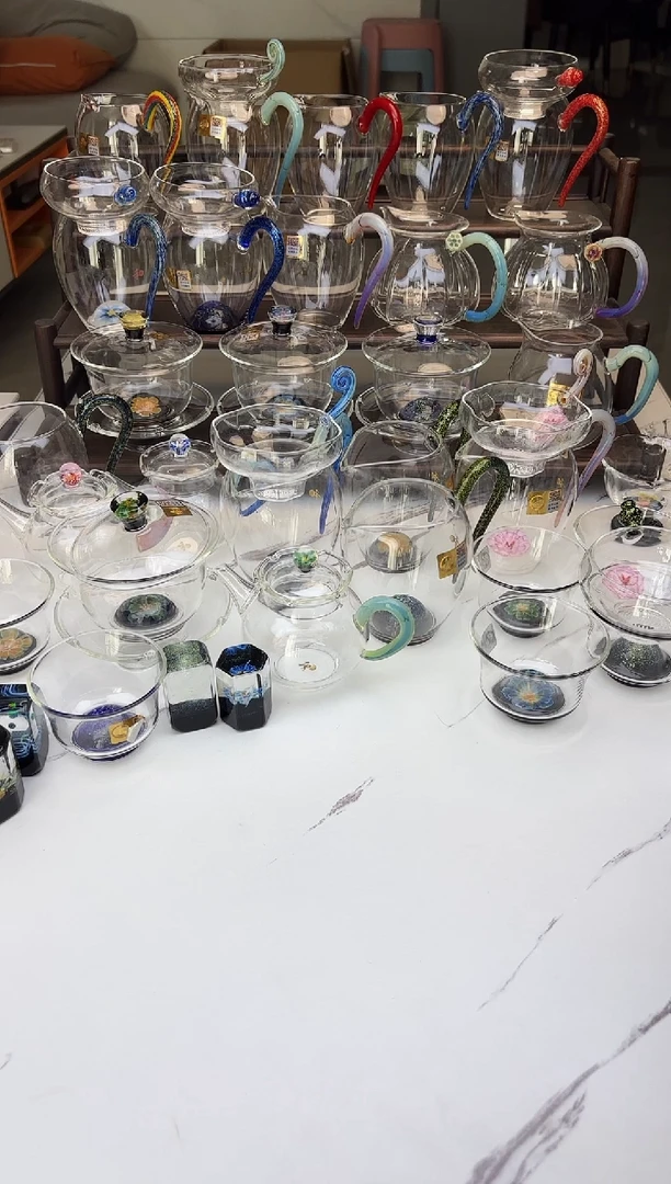 手工艺品玻璃禾器禅语盖碗浅玉色