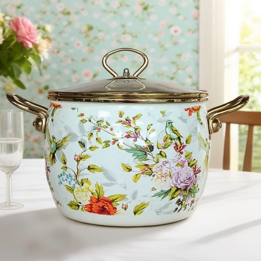 【七喜】20cm深锅花鸟 珐琅搪瓷锅大容量炖锅搪瓷可视玻璃盖