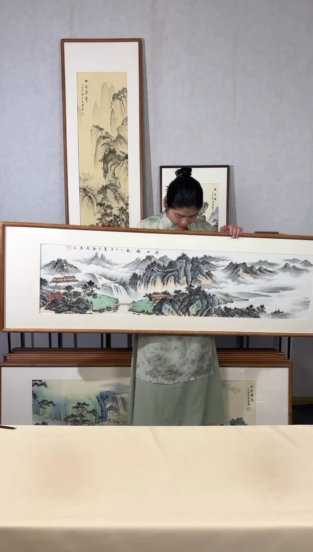国画手绘*祥山福地52*172cm带框发货