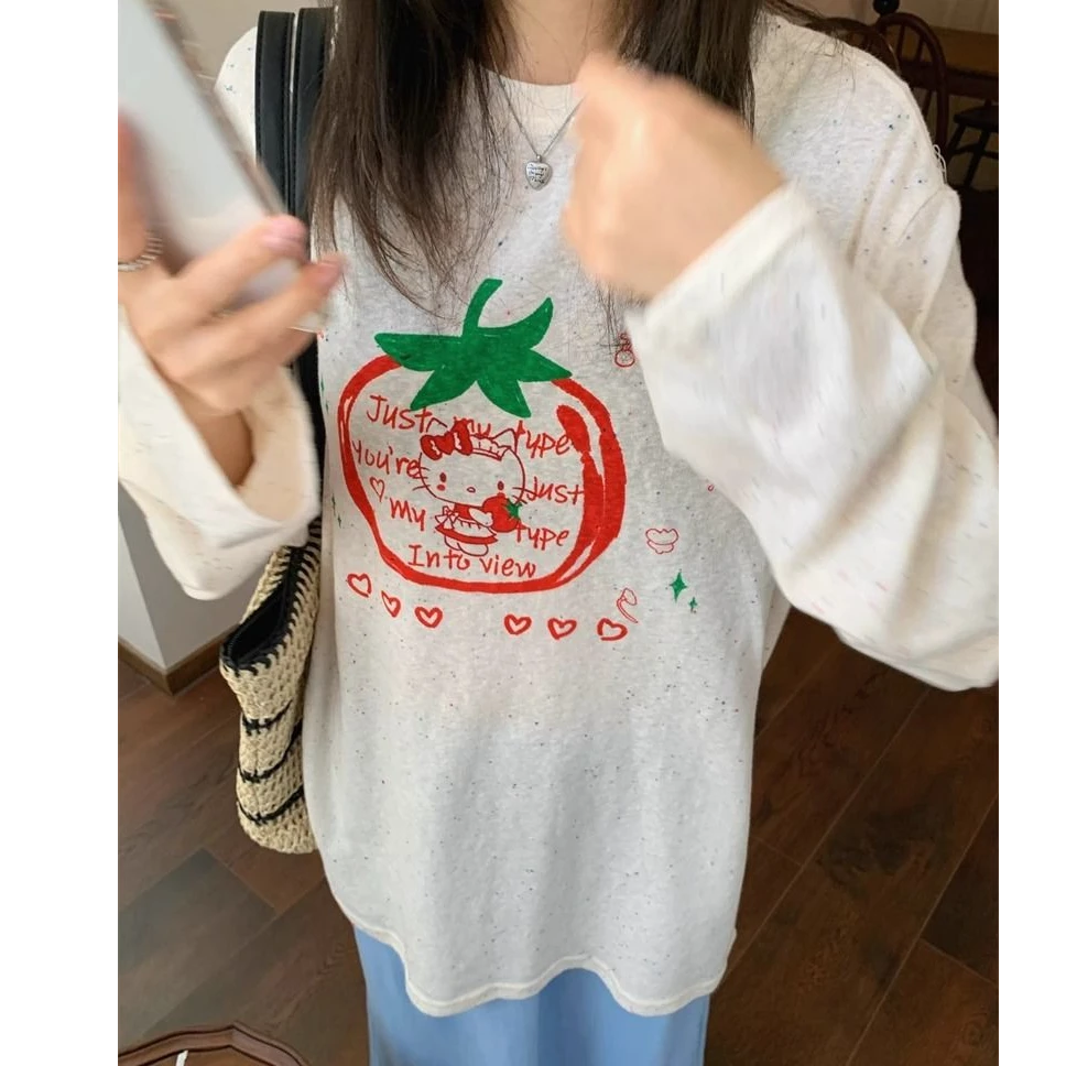 夏季薄款宽松慵懒防晒上衣百搭番茄小猫咪长袖T恤少女风圆领打底