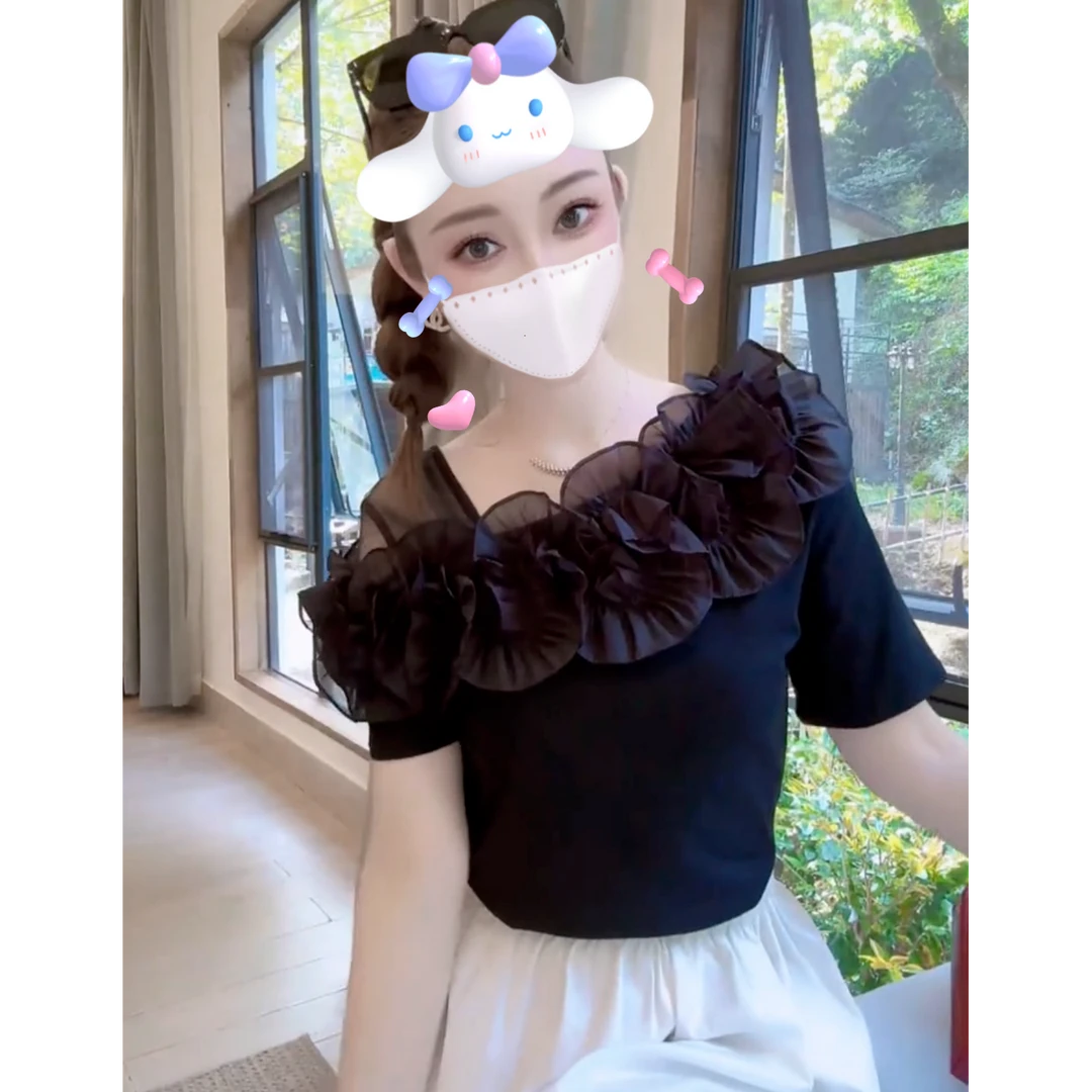 法式洋气立体花朵修身百搭短袖t恤女2025夏季新款别致小个子上衣