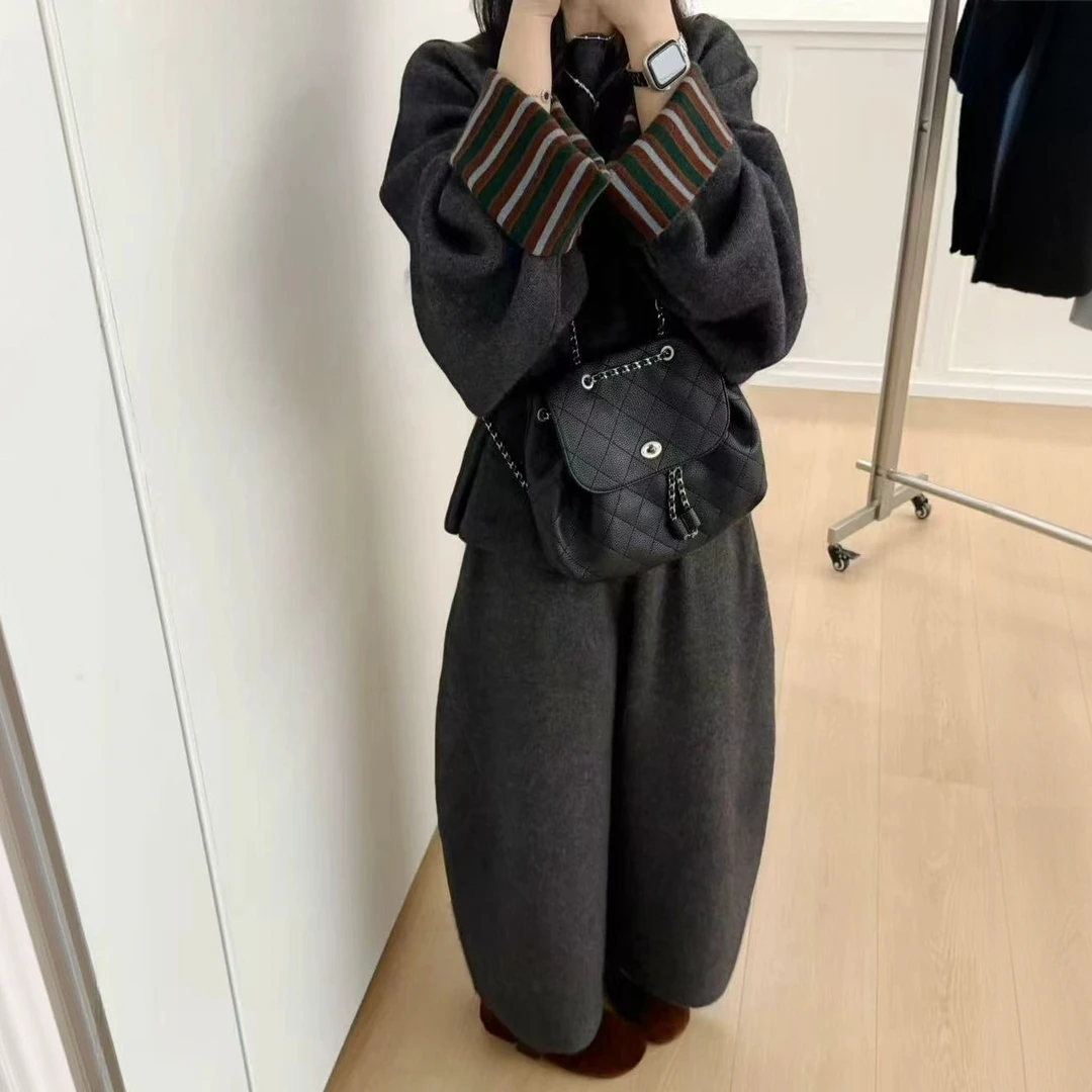 韩系高级感简约套装2025冬季新款时尚拼接撞色条纹毛衣长裤两件套