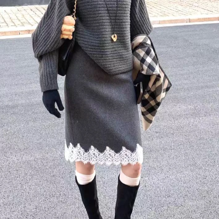 【芝士Cheese】拿捏曲线 时尚百搭小众设计感拼接撞色蕾丝下摆中裙