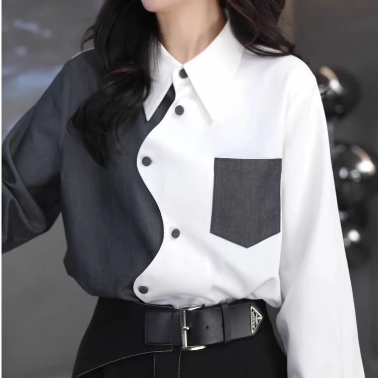法式设计感不规则口袋装饰撞色长袖衬衫女2025春季新款气质上衣