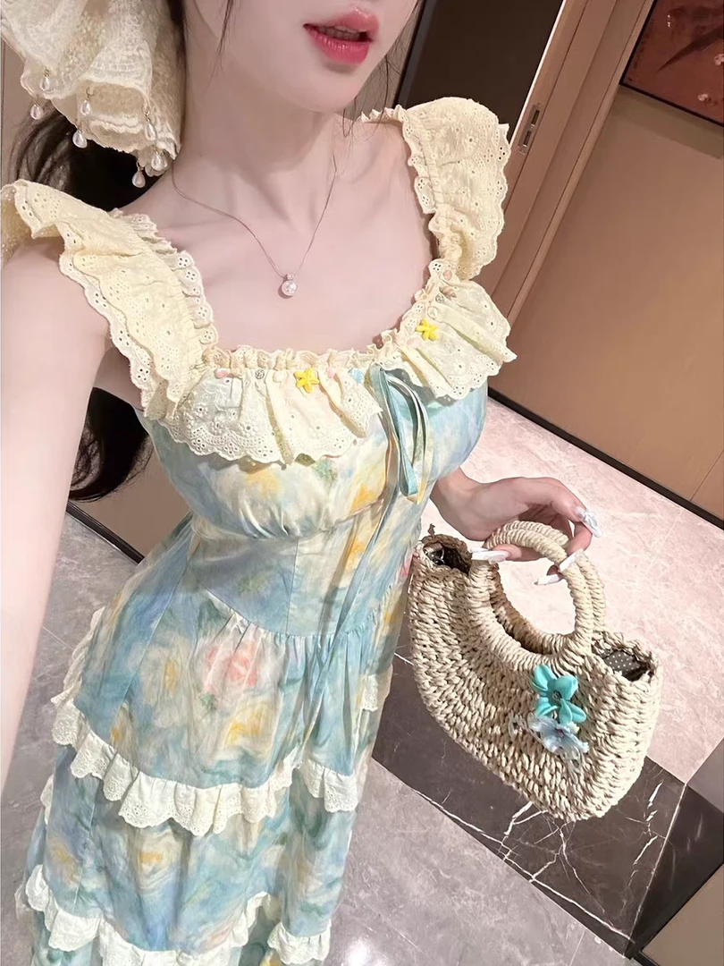 【海盐花信】田园风海边度假印花油画感荷叶边复古连衣长裙