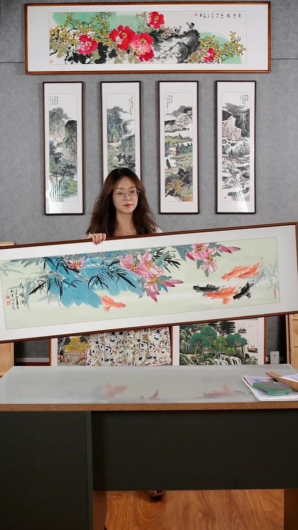 国画阿里丁《六顺图》含框162*47厘米