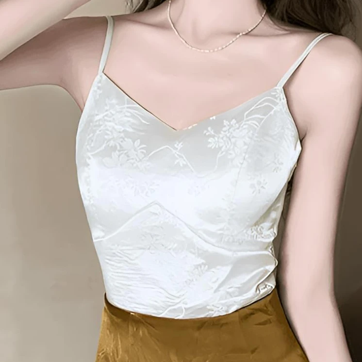 大码法式提花缎面修身吊带背心新中式上衣带胸垫短款打底上衣显瘦