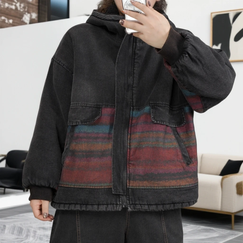 新款冬季双面双穿拼色牛仔外套加绒加厚上衣宽松开衫665