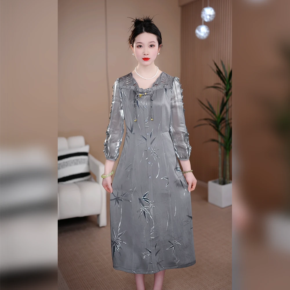 时尚贵夫人气质云锦煅连衣裙女2025春夏新款妈妈轻奢优雅减龄显瘦