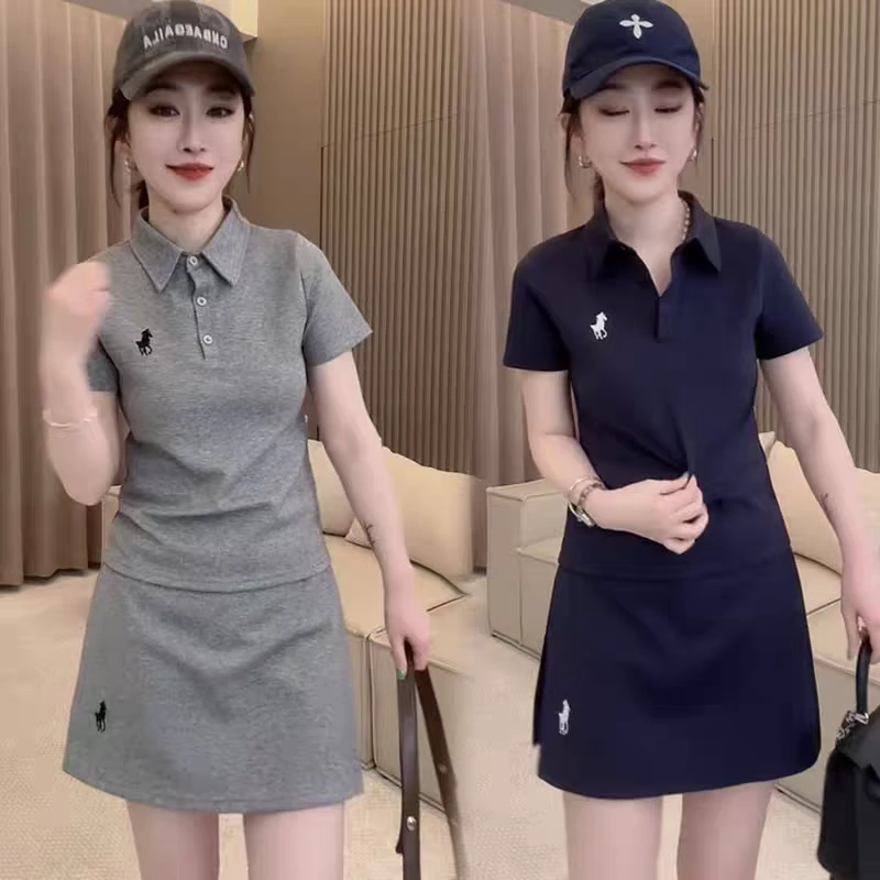 休闲运动套裙女韩版Polo领短袖半身裙修身显瘦时尚洋气减龄两件套
