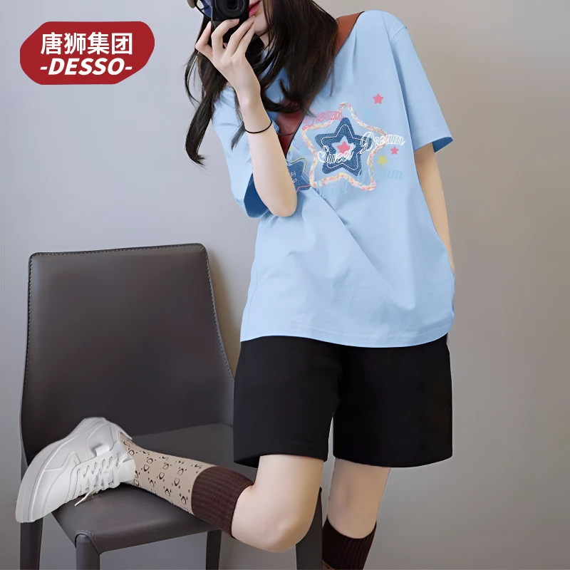 唐狮集团Desso运动套装纯棉短袖短裤女亲肤星星T恤裤子洋气衣服女