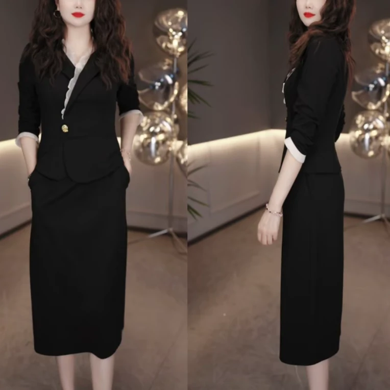 勇华玥上2025早秋新款气质名媛黑色显瘦优雅女神范连衣裙 M-4XL