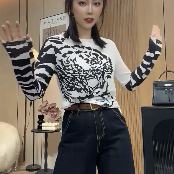 2025新款圆领美图印花拼色网纱防晒长袖T恤女时尚洋气上衣潮