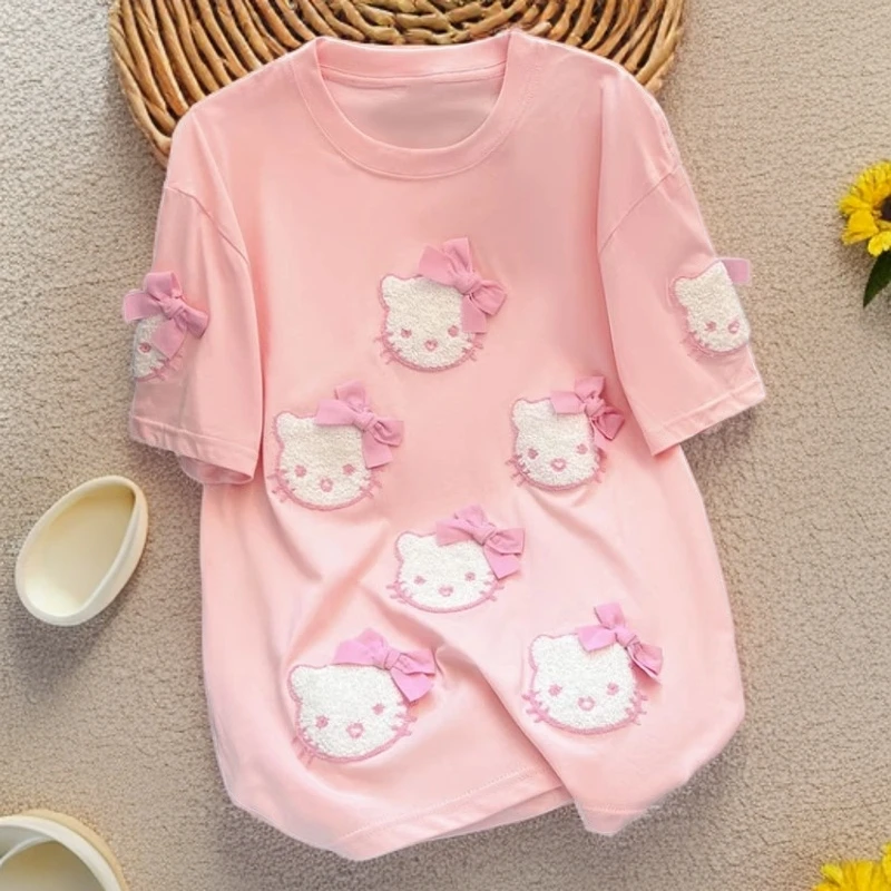 大码300斤日系粉色多巴胺卡通猫咪刺绣短袖T恤女2025新款减龄上衣