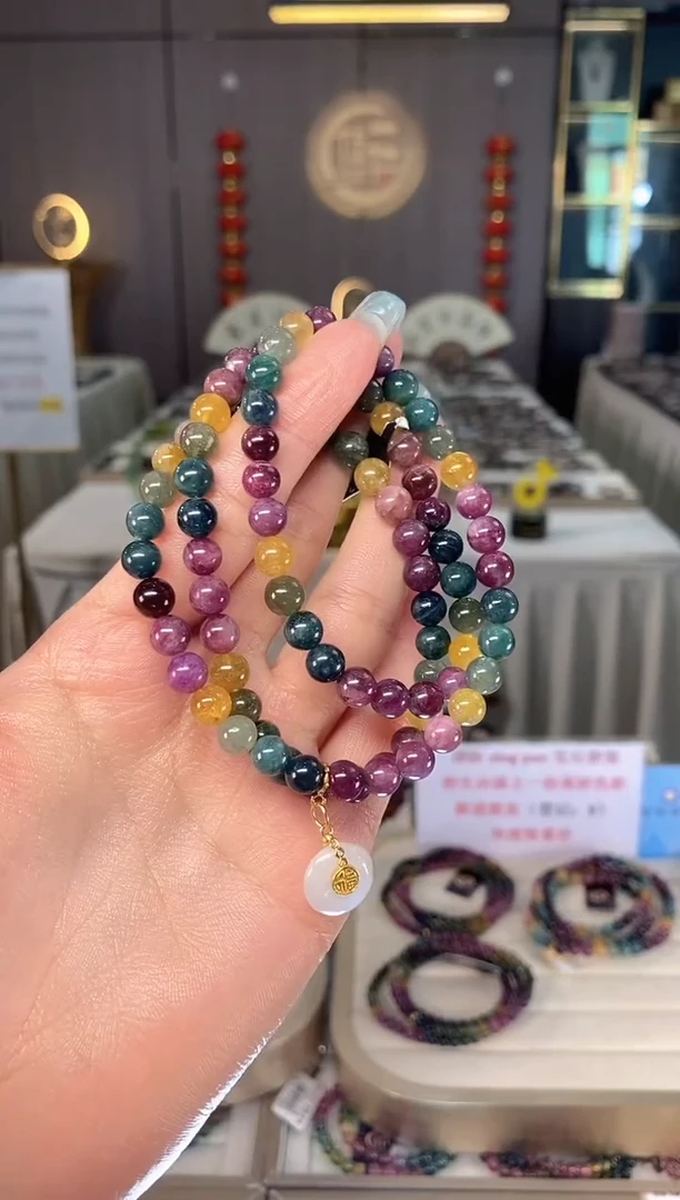 未镶嵌老矿碧玺色标彩虹三圈手串6mm+碧玺多样性发一条mz
