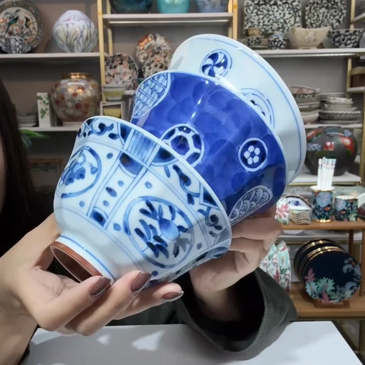 蓝清货【3支】日本进口蓝系列饭碗12.5cm(童子+宝寿+浓丸纹)