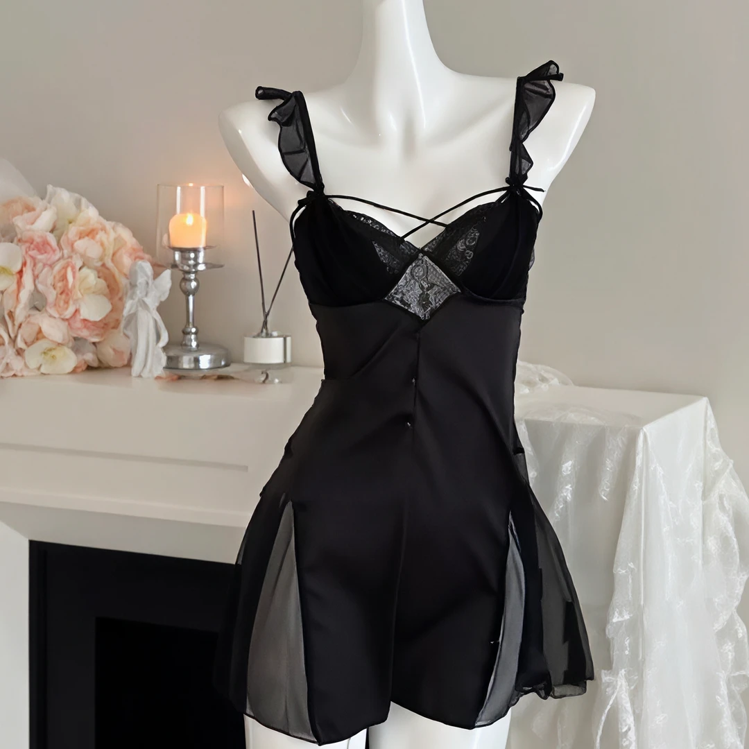 （热恋时刻）80-140斤纯欲加胸垫睡衣甜美网纱性感缎面睡裙