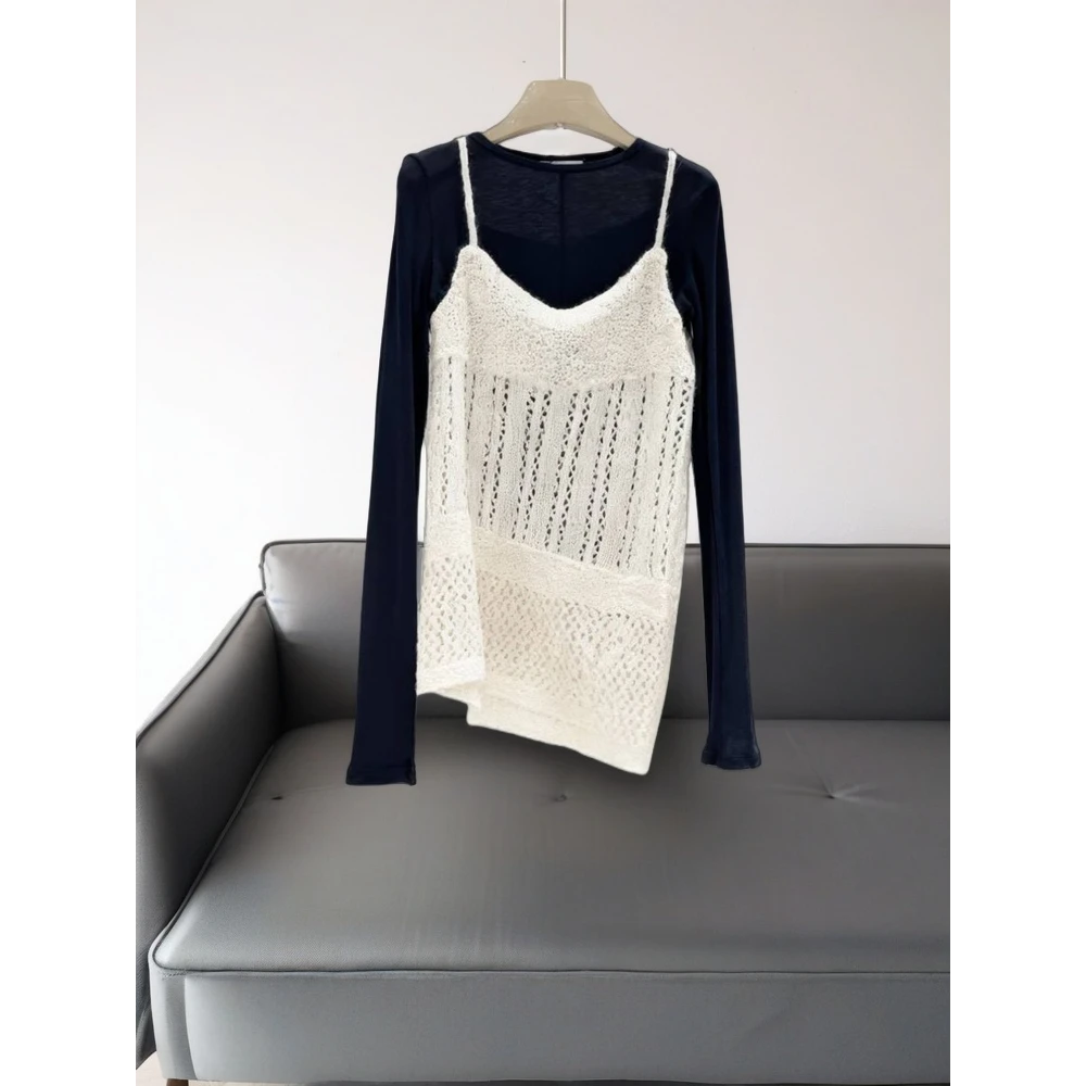 绝美！不能错过！套装修身叠穿长袖T恤女+慵懒风针织吊带上衣两件套