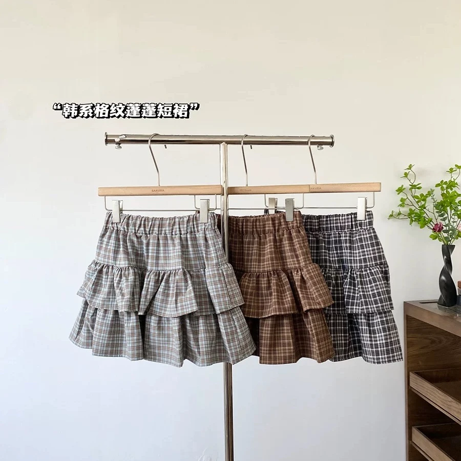 格纹荷叶边松紧腰半身裙女春夏季新款韩版百搭蛋糕短裙蓬蓬裙