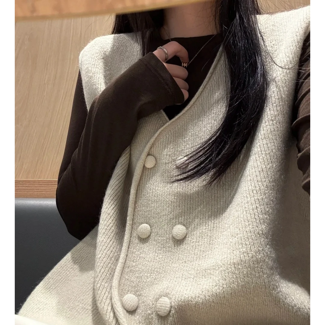 2025秋季新款韩系慵懒百搭气质V领针织马甲叠穿上衣两件套装女ins